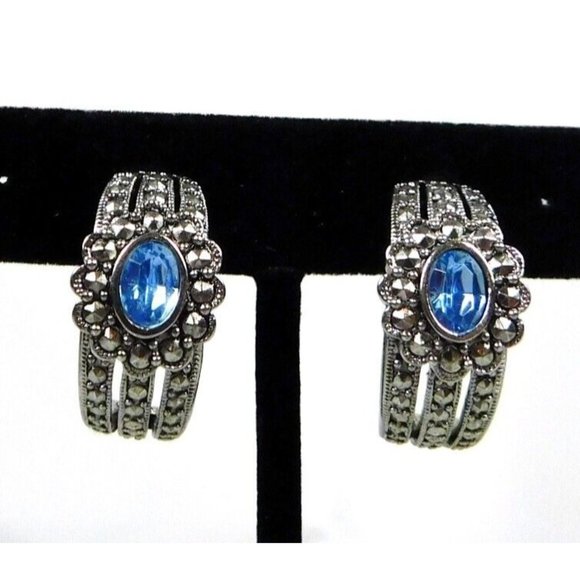 Vtg Avon Romantic Treasures Faux Marcasite Blue Stone Half Hoop Pierced Earrings - Picture 4 of 8